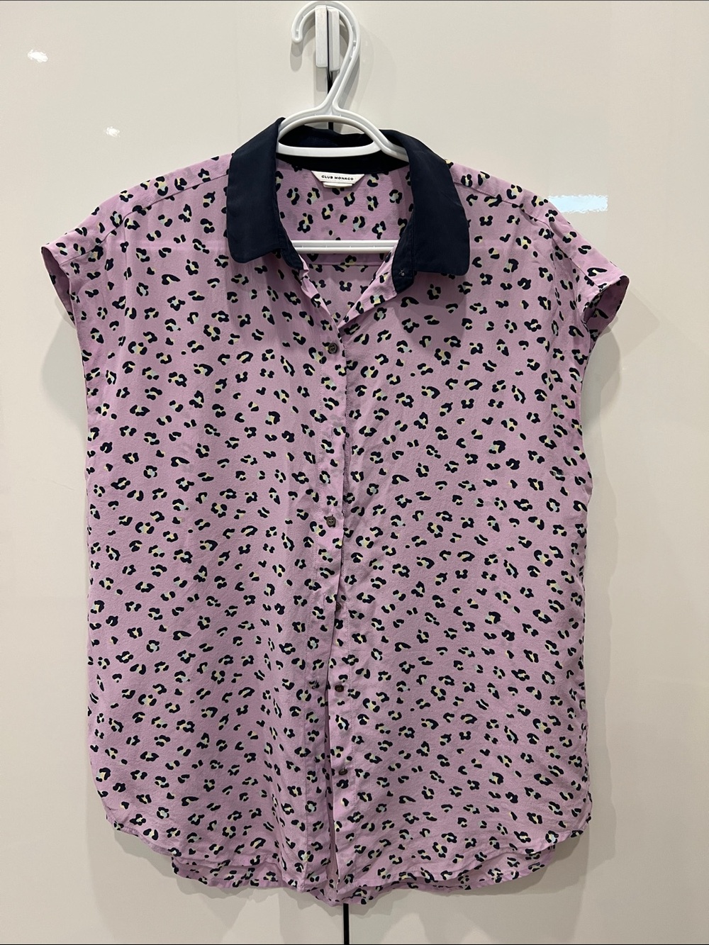 Club Monaco Lavender Leopard Print Button-Up with Navy Collar